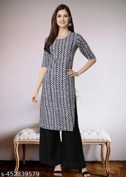 Casual American Crepe Round-Neck 3/4 Length Sleeves Chevron Printed Straight Navy Blue Kurti (45"Inches)