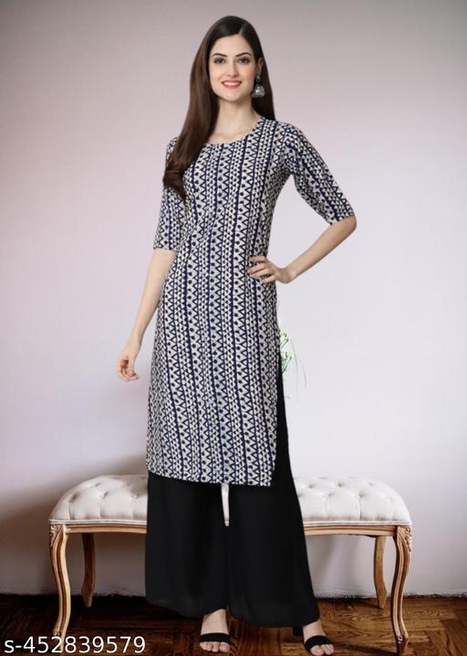 Casual American Crepe Round-Neck 3/4 Length Sleeves Chevron Printed Straight Navy Blue Kurti (45"Inches)