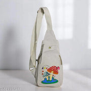 Off White Canvas Sling Bag with Red Mushroom Nature Print | Unisex Crossbody Shoulder Bag for Women & Men | Casual Travel College Office Adjustable Strap Lightweight Messenger Bag