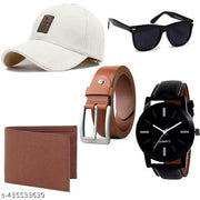 pack of 5 combo fashoinable accessories for men and boys solid printed baseball cap leather watch belt wallet glasses