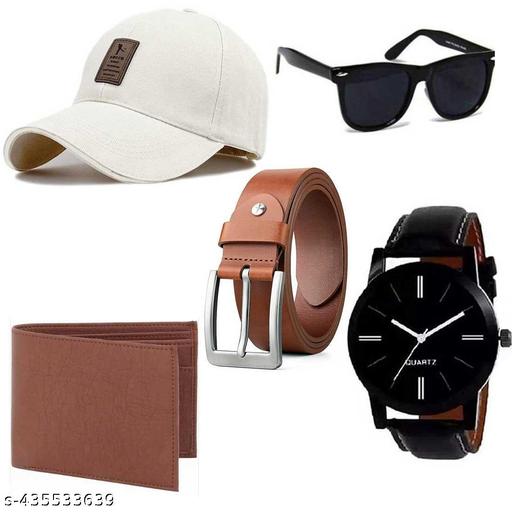 pack of 5 combo fashoinable accessories for men and boys solid printed baseball cap leather watch belt wallet glasses