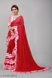 Women's Beautiful Print Georgette Frills Saree With Blouse Piece