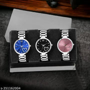 TRENDING MULTI-COLOR (bLACK, BLUE, PINK,) DIAL ANALOG SILVER STAINLESS STEEL STRAP 3 COMBO WATCH ,