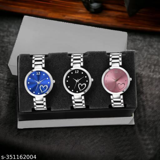 TRENDING MULTI-COLOR (bLACK, BLUE, PINK,) DIAL ANALOG SILVER STAINLESS STEEL STRAP 3 COMBO WATCH ,