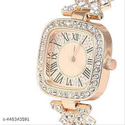 Square Diamond Studded Women's Embellished Analog Dial with Stainless Steel Strap | Battery Power | Foldover Closure | Quartz Movement | Fashion Wrist Belt Watch for Female and Girls
