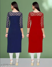 Polyster/Crepe fabric-Pack of 1 Casual And Round-Neck 3/4 Length Sleeves Navy Blue & Red Kurti (42"Inches)