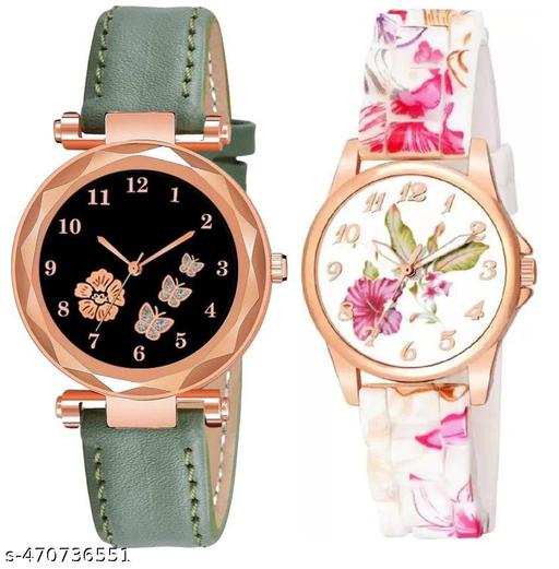 Flower Round Dial Analog Wrist Watch For  Women and Girls Pack of 2 Watch