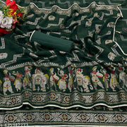 Geometric Elephant Print Georgette Golden Foil Printed Saree With Banglore Silk un-stitched Blouse