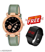 Black Printed Dial Lathers Strap Girls Analog Watch - For Girls