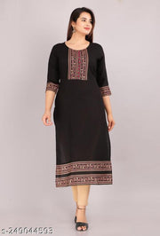 Rayon Urban365 Premium Straight Kurti/pom-pom-Solid Design Kurtis for Women(Black)
