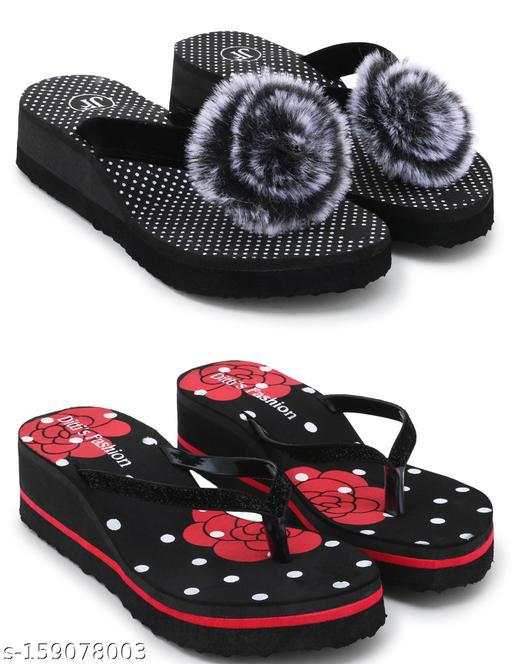 Feens Black EVA Light Weight Bindi Phool and Flower Printed Heel Slippers Flip Flop for Women & Girls Combo of 2