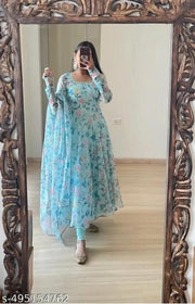 QVAZOR Stylish Fancy Trendy Printed Poly Georgette Gown with Dupatta For Women For Party Wedding Festival Functions