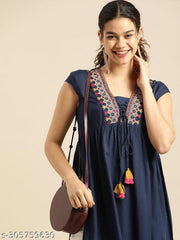 womens rayon embroidery kurta, aline kurta, long  kurta, Cap sleeve kurta, tendy kurta