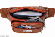 MassKings Brown Leather Waist Bags for Men & Women | Multi-Pocket Travel Waist Bags | Lightweight Crossbody Chest & Waist Bags