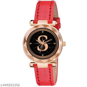 Skoal Analog Round Black Dial ALPHABET S Design Stylish Red Leather Strap Classic Design Fancy Wrist Watch for Women and Girls, Pack of 1 - ALPHA-S-GEN-RG-RED-L