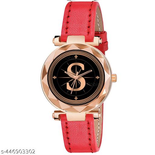 Skoal Analog Round Black Dial ALPHABET S Design Stylish Red Leather Strap Classic Design Fancy Wrist Watch for Women and Girls, Pack of 1 - ALPHA-S-GEN-RG-RED-L