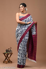 Rovim Women's Jaipuri Hand Block Indigo Printed Cotton Mulmul Saree with blouse