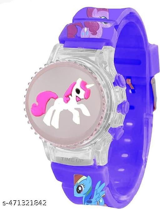 Digital Dial Glowing Light Cartoon Rotating Cap Cartoon Printed Strap Colorful Kids Watch for Girls & Boys