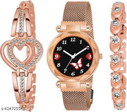 Butterfly Dial Magnetic Strap Watch And Fancy Bracelet Combo Set Girls