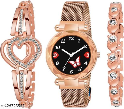 Butterfly Dial Magnetic Strap Watch And Fancy Bracelet Combo Set Girls