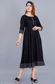 Trendy Women's Solid Printed Round Flared Kurti (Black)