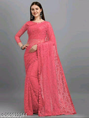 Pink net brasso saree with beads/stone & blouse
