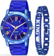 BEST Quality Best Price Roman Blue Dial Stylish Causal  Blue PU Strap Watch For Boys And men Watch With Bracelate