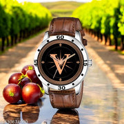 Femeo   Analog 9293  Watches Round Black Dial V Design Stylish Brown Leather Strap Classic Design Fancy Wrist Watch for Men and Boys, Pack of 1 - A07ZALPHA-V-AVO-SIL-DBRW-CRL