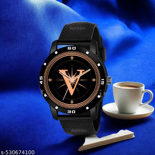 Femeo   Analog 9293  Watches Round Black Dial V Design Stylish Black PUU Strap Classic Design Fancy Wrist Watch for Men and Boys, Pack of 1 - A07ZALPHA-V-AVO-BLK-SFR