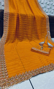 Designer party Wear saree Siroski Stone With Blouse Pieace and Cutwork