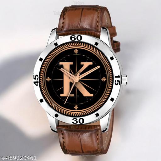 Krolexe Analog Round Black Dial ALPHABET K Design Stylish Brown Leather Strap Classic Design Fancy Wrist Watch for Men and Boys, Pack of 1 - ALP-K-AVO-SIL-DBRW-CRL