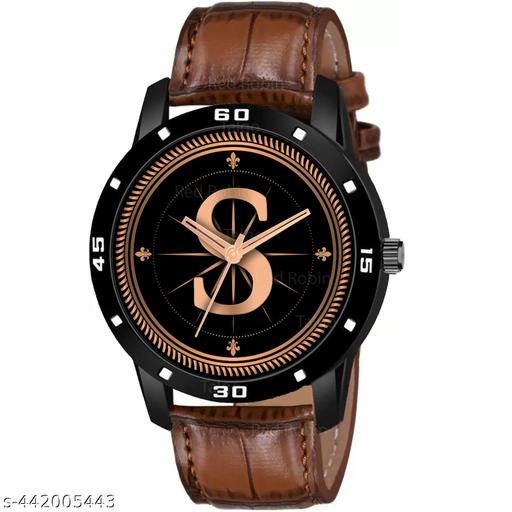 Talgo Analog Round Black Dial ALPHABET S Design Stylish Brown Leather Strap Classic Design Fancy Wrist Watch for Men and Boys, Pack of 1 - ALPHA-S-AVO-BLK-DBRW-CRL