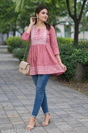 Designer Embroidered Short Kurti for Women | Trendy Ethnic & Western Fusion Top for Office, College & Festive Wear | Rayon Fabric