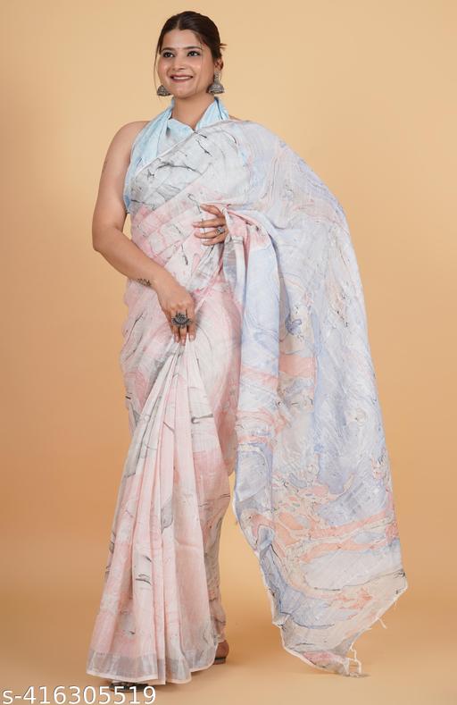 SANGANERI,BAGRU HAND BLOCK PRINTED LENIN SAREE WITH BLOUSE PIECE