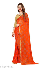 AnyTime's  Poly Chiffon Orange Lace border Saree With Blouse