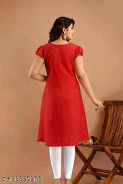 Women's&Girl's "Rayon"  Fashionble v-neck with puff sleeb  stylish kurti(red)