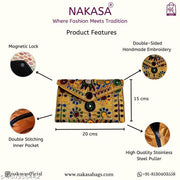 NAKASA Women's Jaipuri Handmade Damru Embroidery Small Yellow Clutch Cum Sling Bag
