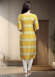 Casual American Crepe Round-Neck 3/4 Length Sleeves Geometric Printed Straight Yellow  Kurti (45"Inches)