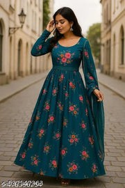 Ledies Stylish Fancy Trendy Printed Poly Georgette Maxi Flared Gown For Women For Party Wedding Festival Functions very comfortable
