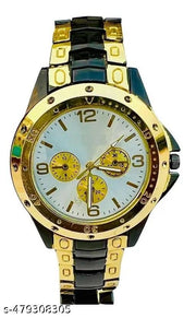 H&H Rosra Golden Formal Watch For Men's and boys { gold Ring +gold Chain Free  }
