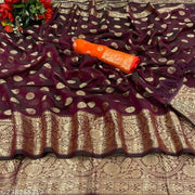 Crepe Jeq. Saree with contrast color Blouse