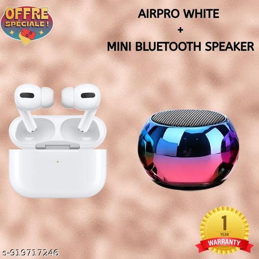 Airpro True Wireless Bluetooth Earphones with 30 Hours Playtime & Compatible for all Smartphones (White) + Mini Bluetooth Speaker Any Random Colour - COMBO
