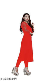 Premium American Crepe And Rasal Net Detail On Neck Red Long Kurti (45"Inches)