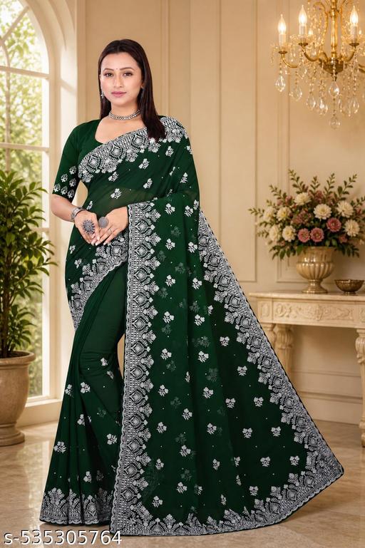 heavy Embroidery Work With Stone Work Saree