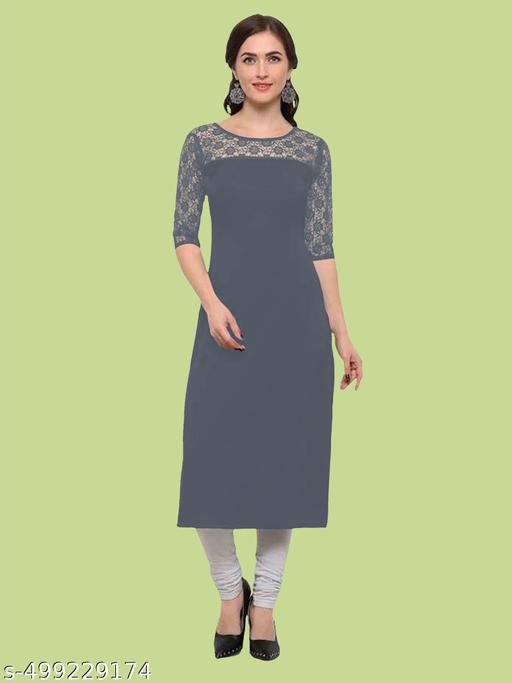Casual American Crepe And Net Round-Neck 3/4 Length Sleeve Grey Kurti (45"Inches)
