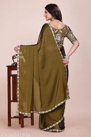 Women's Mehendi Green Heavy Embroidered Silk Saree with Cutwork Border & Figure Designer Blouse Piece