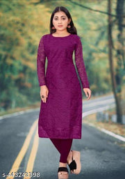 Woman self design A- line Silk net kurtis