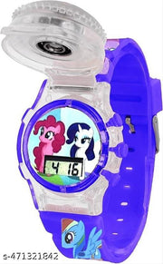 Digital Dial Glowing Light Cartoon Rotating Cap Cartoon Printed Strap Colorful Kids Watch for Girls & Boys