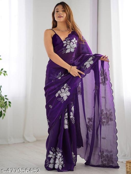Women's Beautiful Golden Sparkle Silk Sequence Work Saree With Unstiched Blouse ( Purpal )