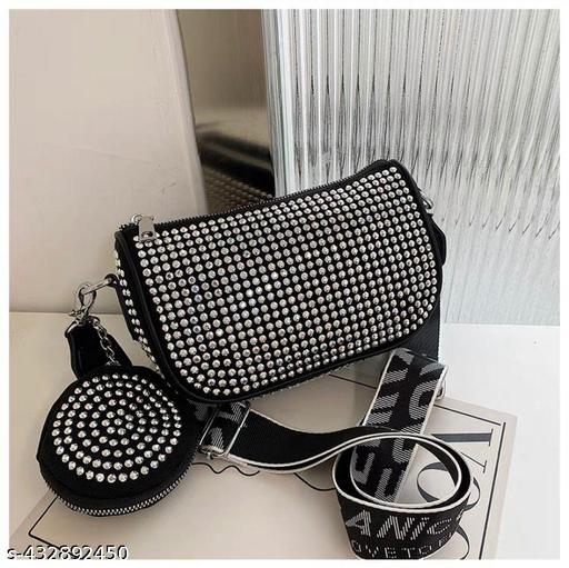 Rhinestone Latest Sling Bag With Coin Pouch Broad Belt  Pack of Combo Detachable Crossbody Wide Shoulder Strap Side Square Bling Bag Stylish Evening Clutch Trending Handbags Girls Latest Ladies Purse